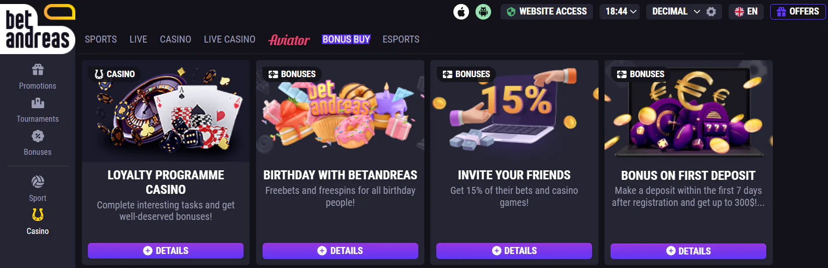 Bonuses on Betandreas site